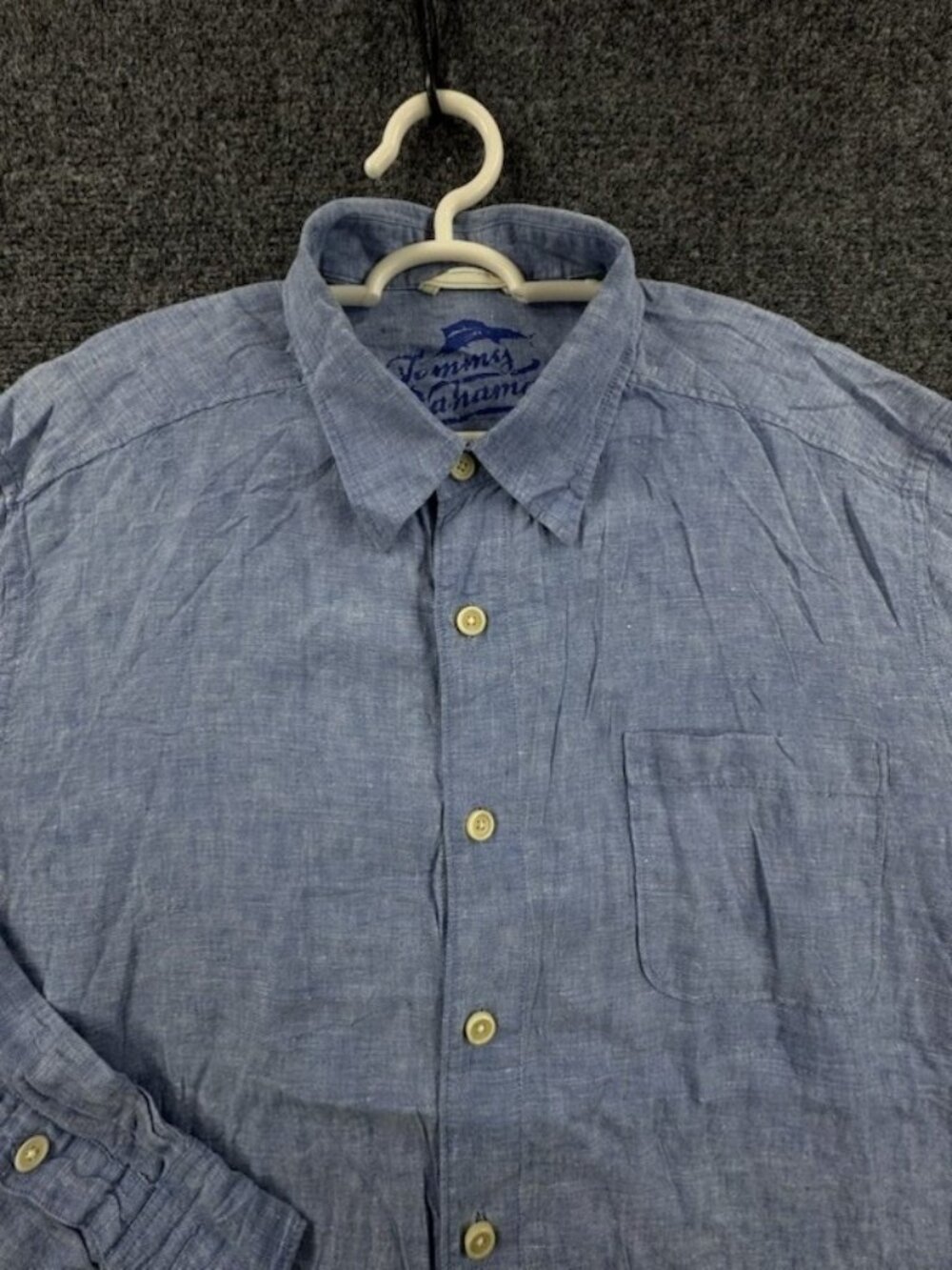 Tommy Bahama Point Large All Linen Blue Solid Shirt Beach Hawaiian Long Sleeve
